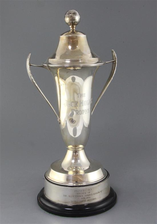 A 1980s horse racing related silver two handled presentation cup The Jack Holmes Trophy, 56.5 oz.